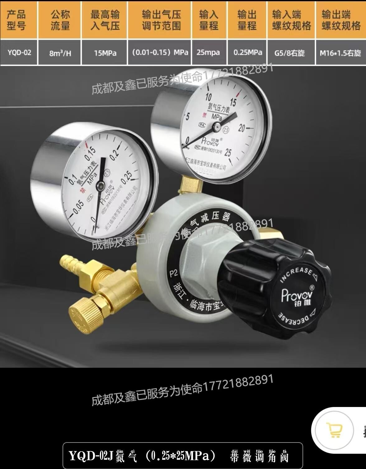 铂唯氮气减压器氮气瓶减压阀黄铜双表调压表带微调阀带微调角阀